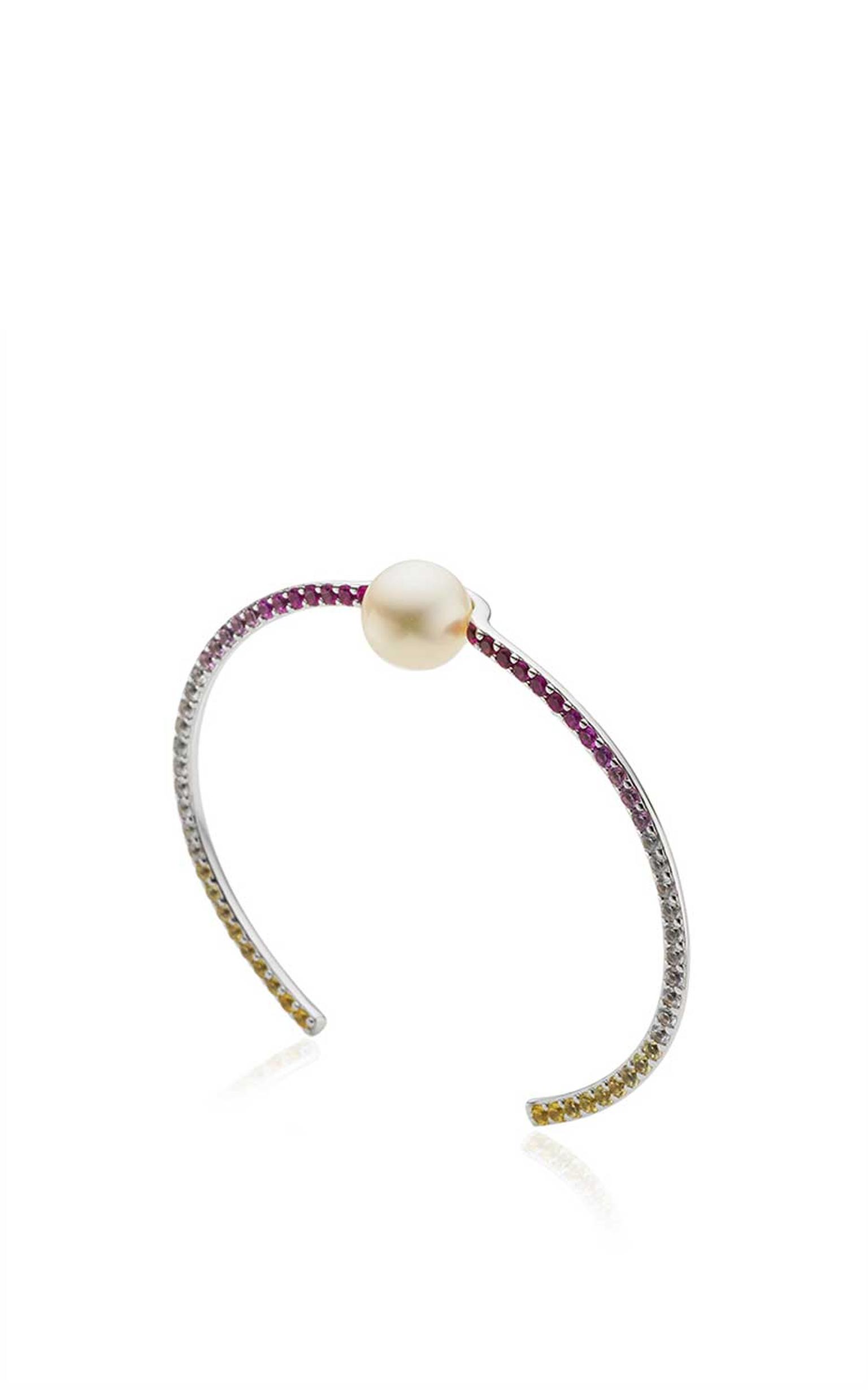 Glow Wrap Bangle in 18ct white gold with sapphires and 10mm white fresh water pearl from the Melanie Georgacopoulos Glow collection.