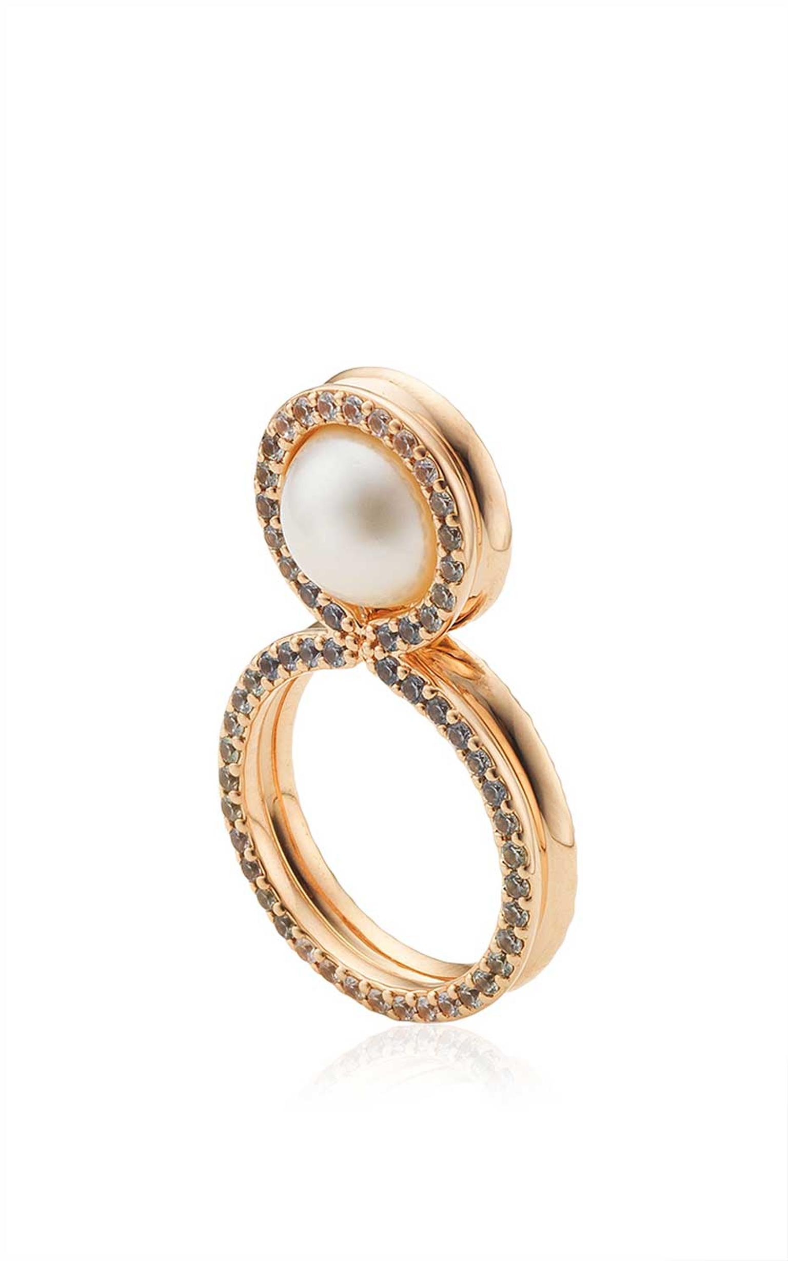 Melanie Georgacopoulos' Glow 8 Ring in 18ct rose gold with sapphires and 10mm white fresh water pearl.