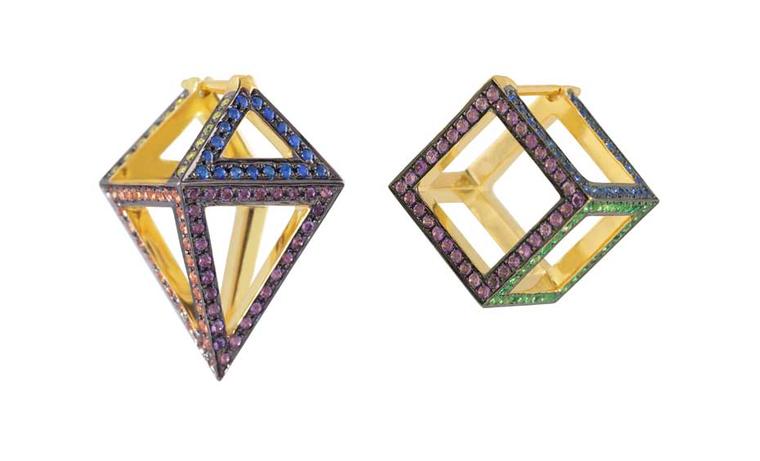 Noor Fares 3D Octahedron and Cube earrings in yellow gold with coloured sapphires from the Geometry 101 Rainbow collection.