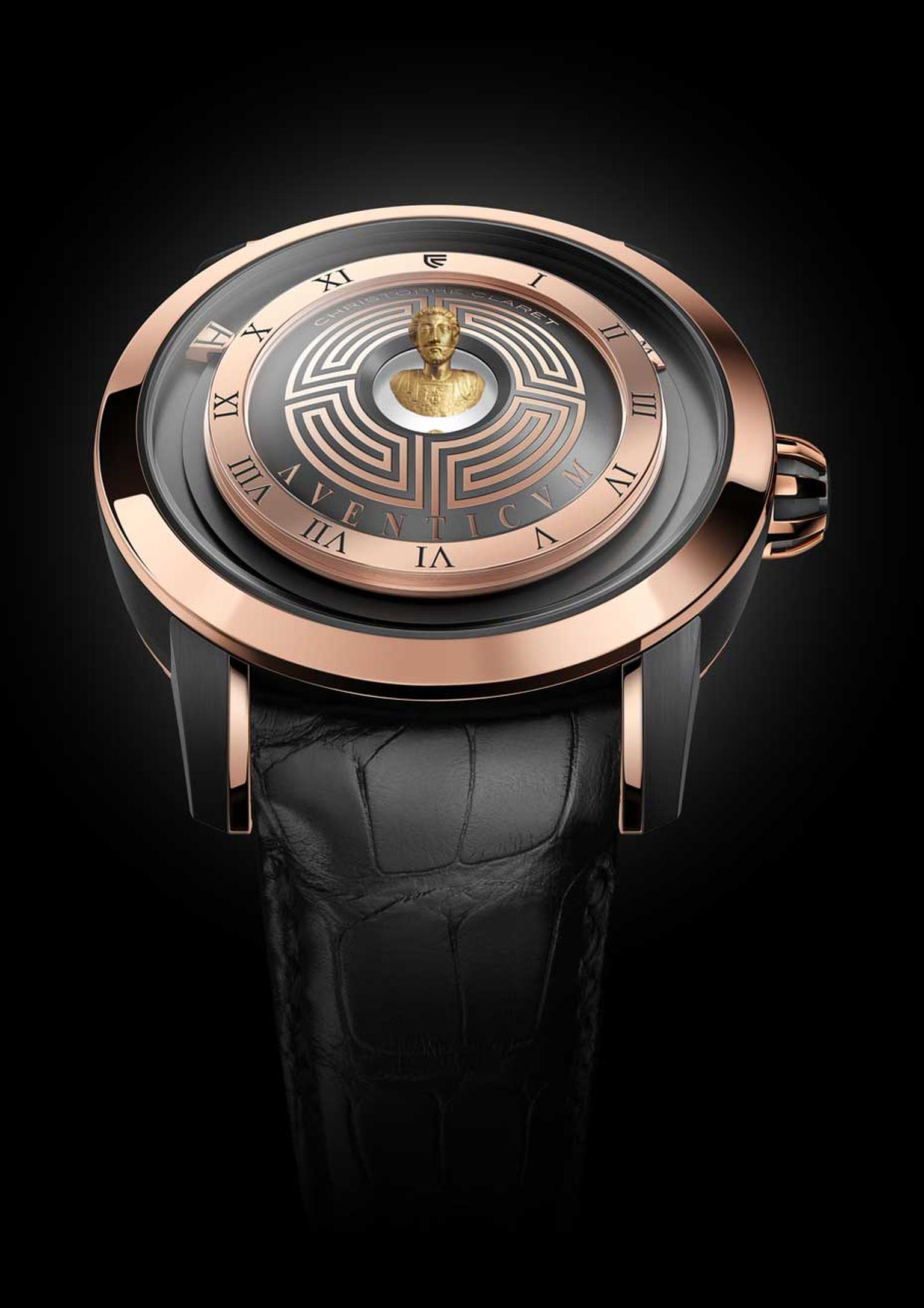 The Christophe Claret Aventicum watch features a gold replica of the bust of Marcus Aurelius, measuring less than 3mm, in the centre of a dial.