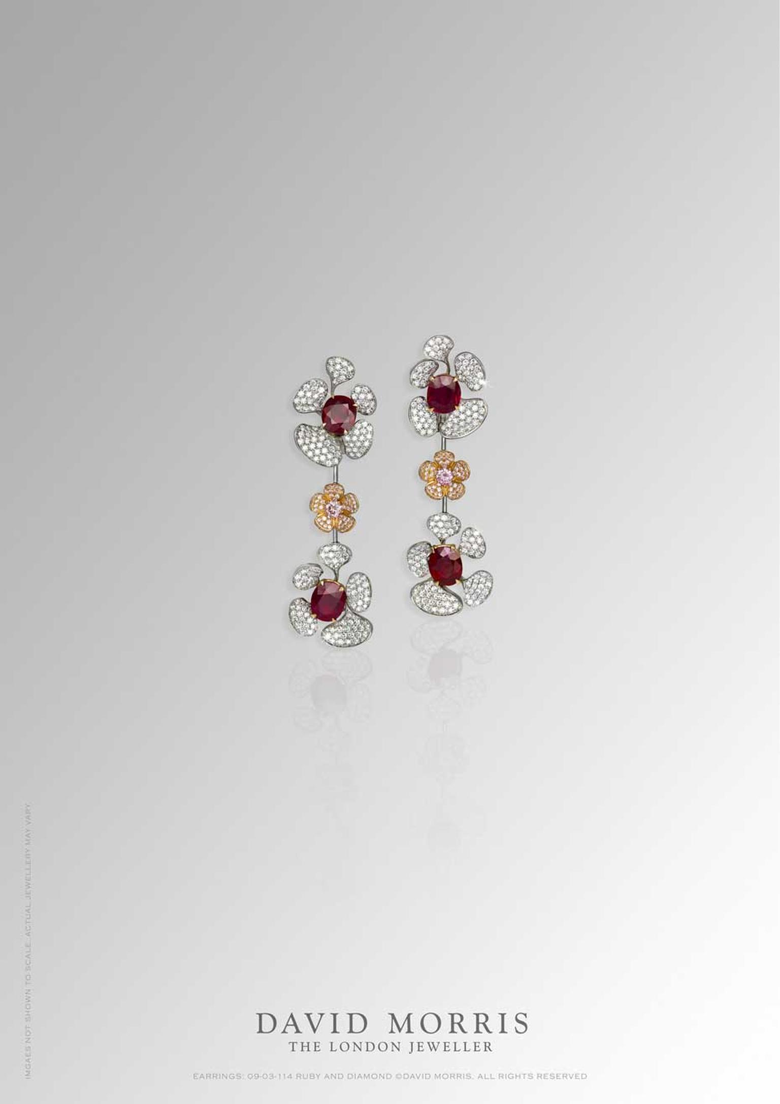 David Morris Wild Flower Burmese ruby earrings with white and pink diamonds, set with 14.37ct rubies.