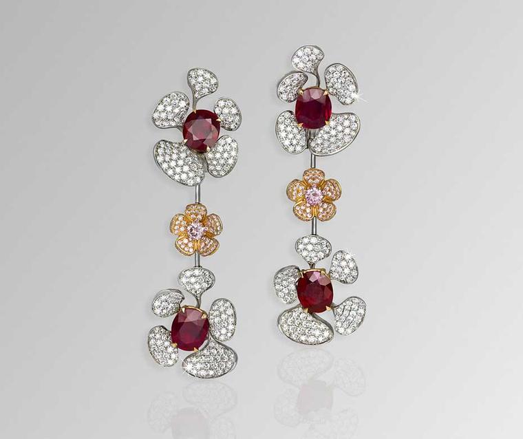 David Morris high jewellery Wild Flower Burmese ruby earrings with white and pink diamonds, set with 14.37ct rubies.