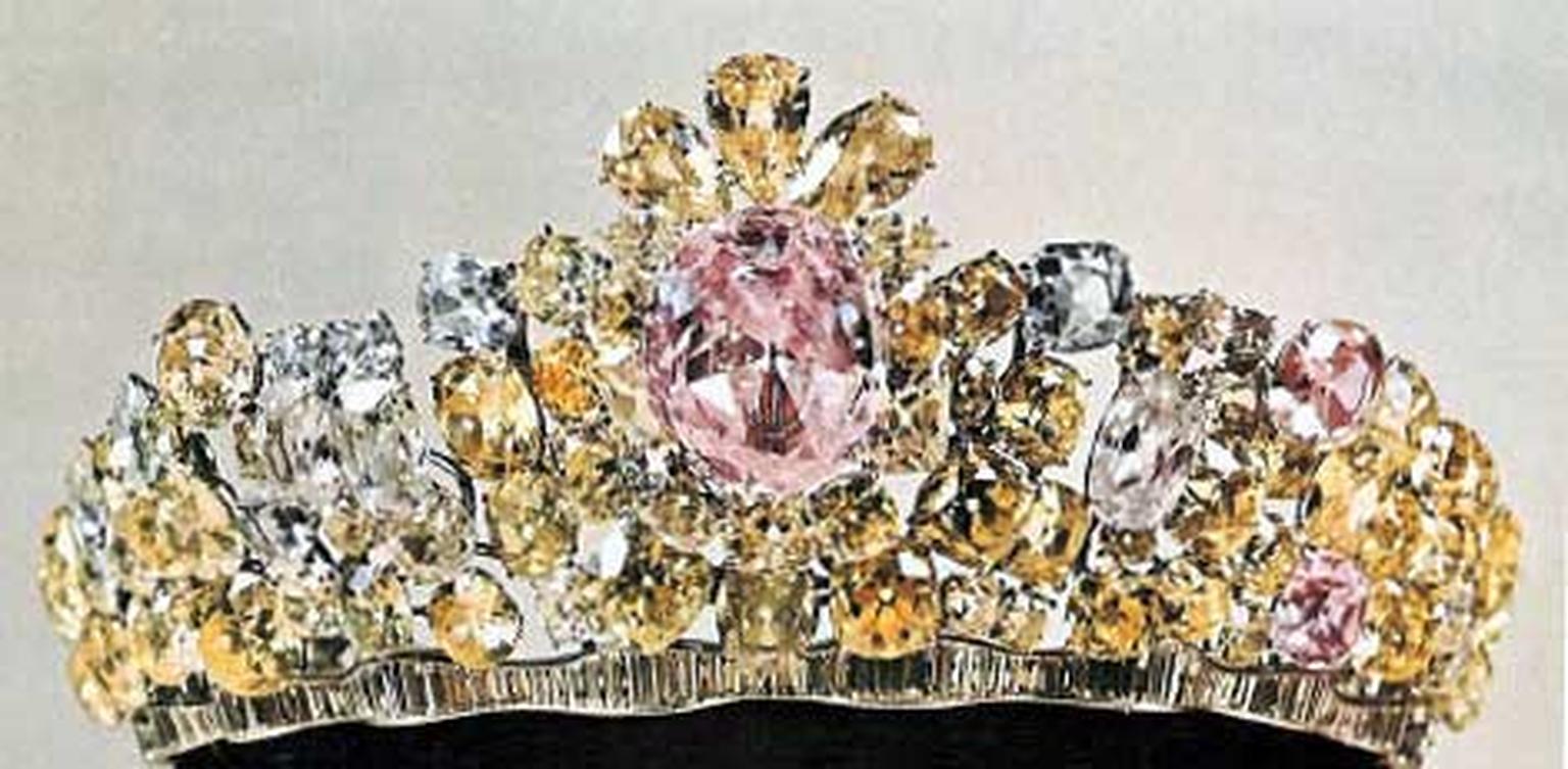 The Noor-ol-Ain - Eye of Light - tiara, part of the the Iranian Crown Jewels, set with a pink diamond weighing 60.00 carats that is believed to originate from the ancient Golconda mines in India.