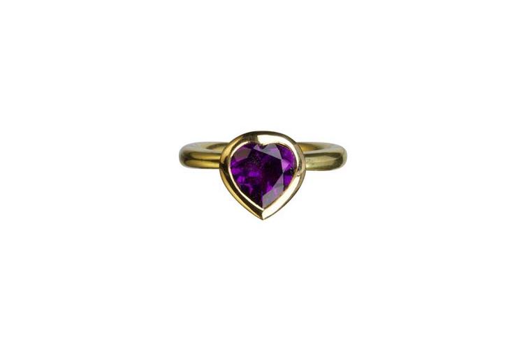 Wright & Teague purple amethyst engagement ring in yellow gold.