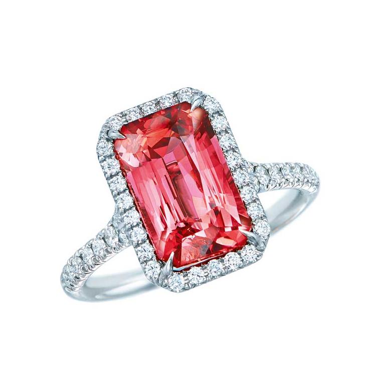 Tiffany Soleste engagement ring in platinum, set with an emerald-cut spinel and diamonds.