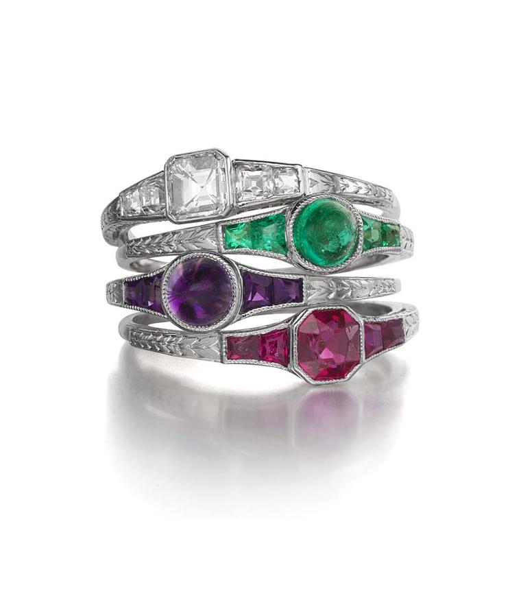 Theodore B Starr's 1920s acrostic stacking rings feature either a square-cut diamond, a cabochon emerald, a cabochon amethyst or a cushion-cut ruby. Available from Siegelson.