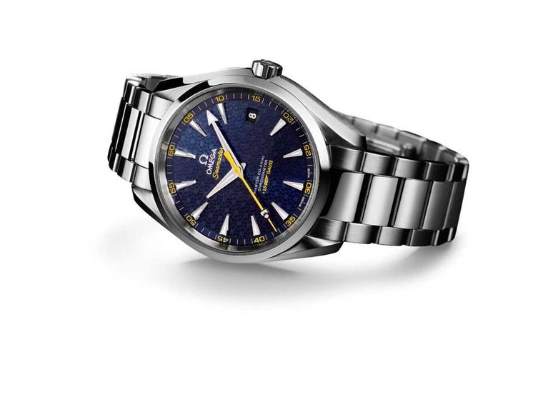 Ahead of the release of the new Spectre movie later this year, Omega watches has released the new Seamaster Aqua Terra 150M. Inspired by the Bond family coat of arms, which can be seen on the tip of the yellow central seconds hand, the blue textured dial 