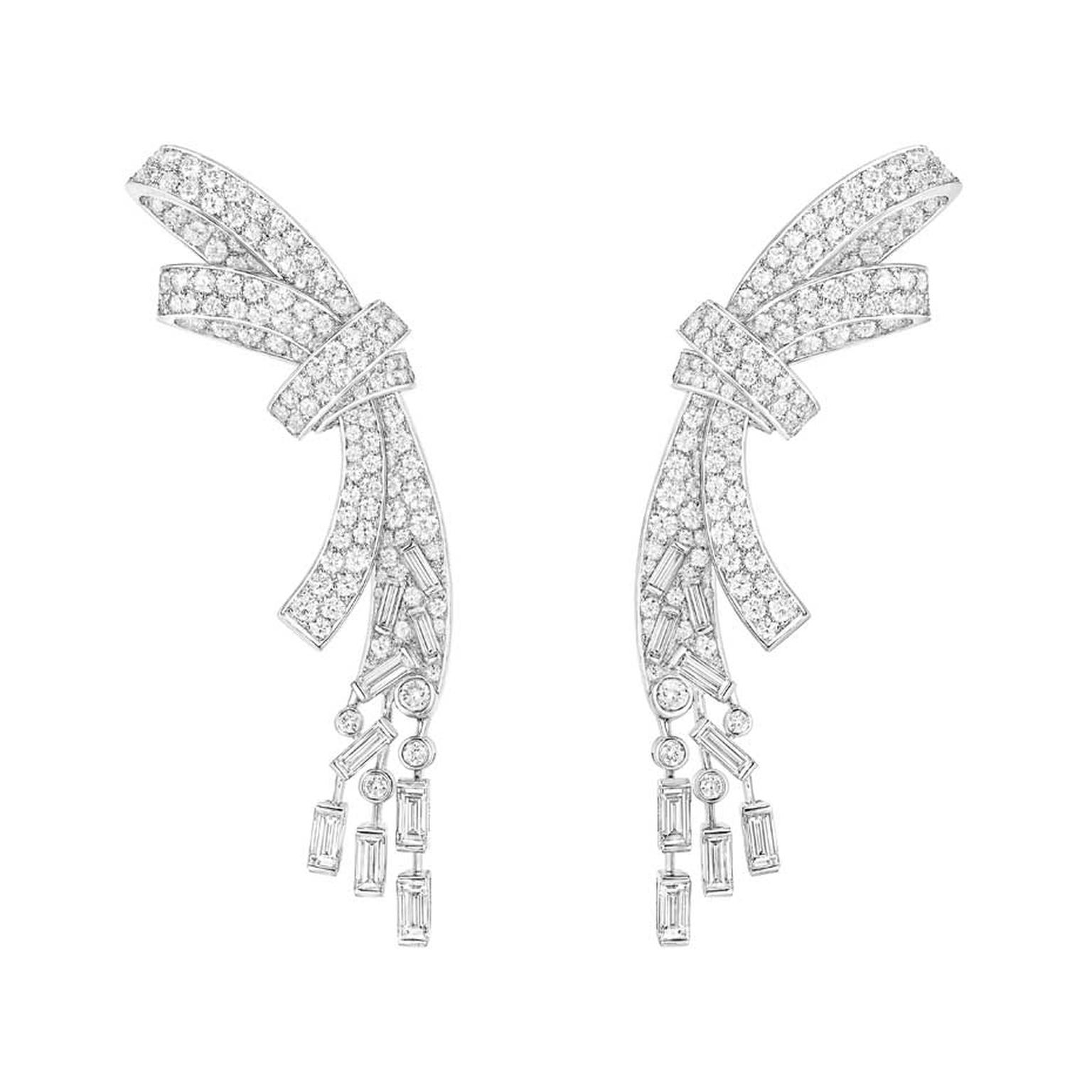 White gold Chanel Ruban earrings set with 18 baguette-cut diamonds and 320 brilliant-cut diamonds, from the new new Les Intemporels de Chanel high jewellery collection.