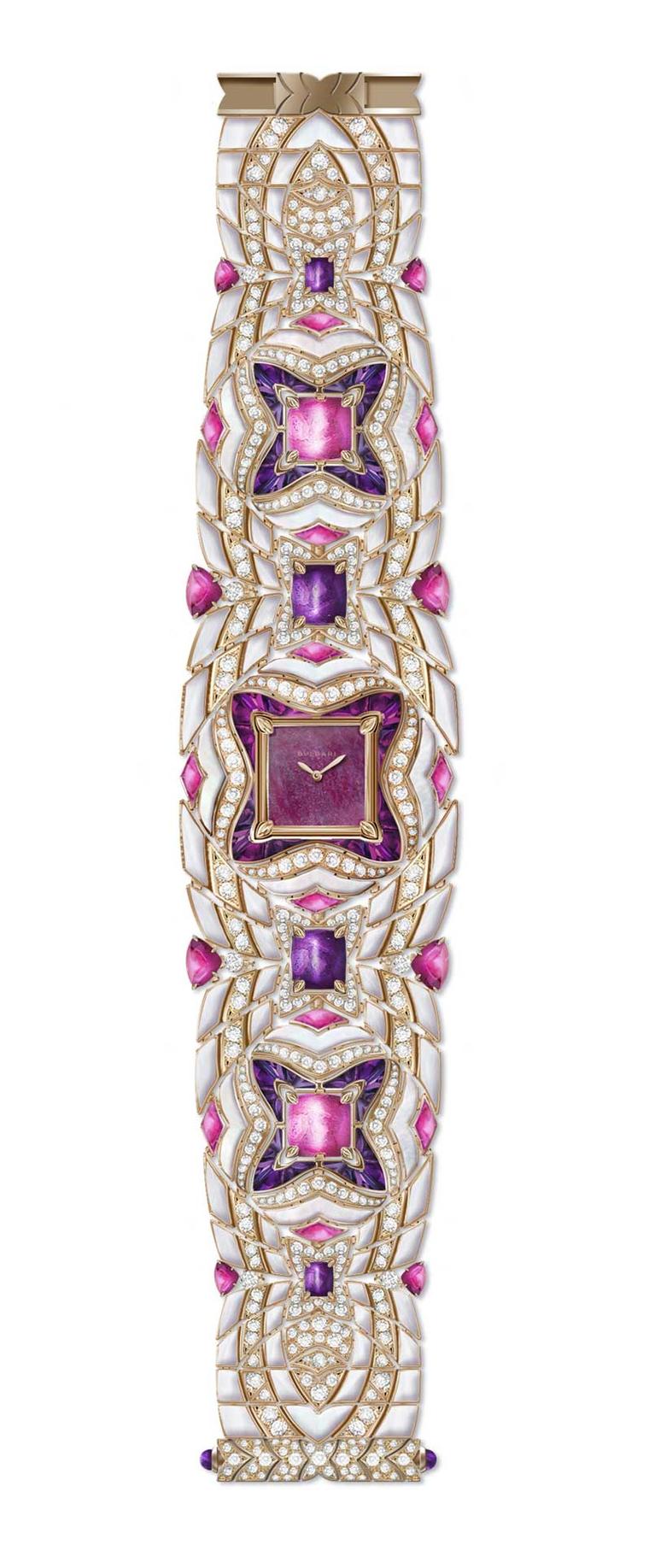 Bulgari's Mvsa high jewellery watch in rose gold features a ruby heart dial and a fabulous bracelet set with mother-of-pearl, 350 brilliant-cut diamonds, 56 buff-top amethysts, 4 Takhti-cut amethysts, 20 triangle-cut rubellites and 2 Takhti rubellites.