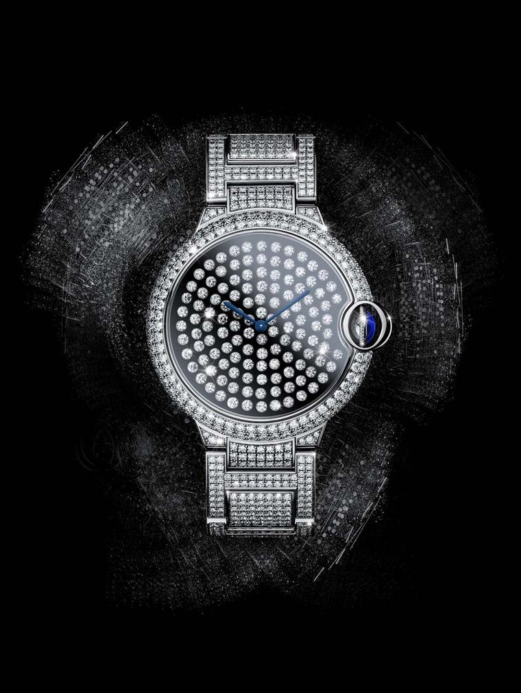 Set in a 42mm white gold case, the remaining surfaces of Cartier's Ballon Bleu Vibrating Setting watch have been adorned with even more brilliant-cut diamonds, including the bezel, lugs and the gorgeous link bracelet. Powered by an extra-thin manual windi