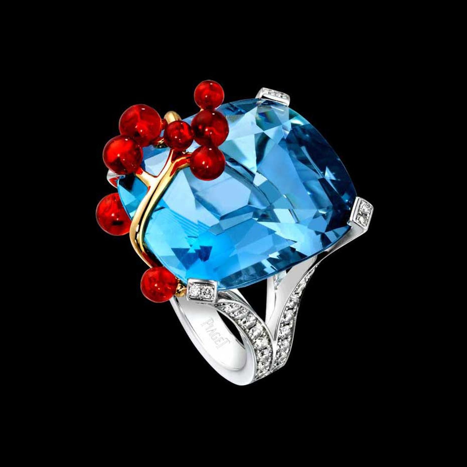 The Limelight Blue Lagoon cocktail inspiration ring from Piaget is set in white gold with a cushion-cut aquamarine, brilliant-cut fire opals and brilliant-cut diamonds.