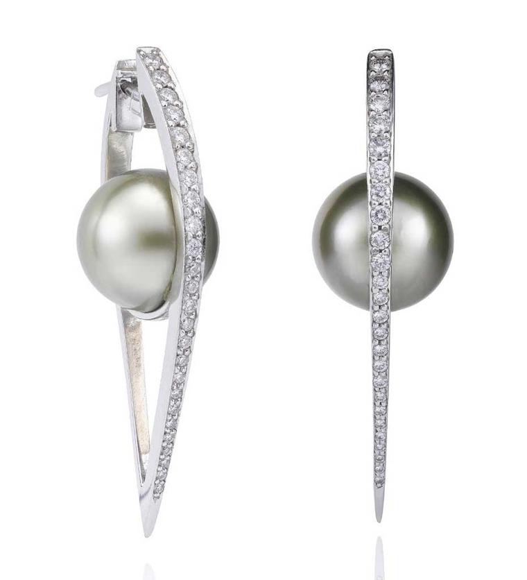Cutting Edge Pearl Earrings from Boodles featuring a cultured Tahitian pearl, set with round brilliant-cut diamonds, in white gold.