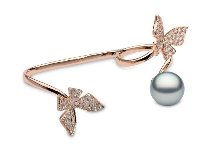 Rose gold ring with diamonds and Tahitian pearls from YOKO London.