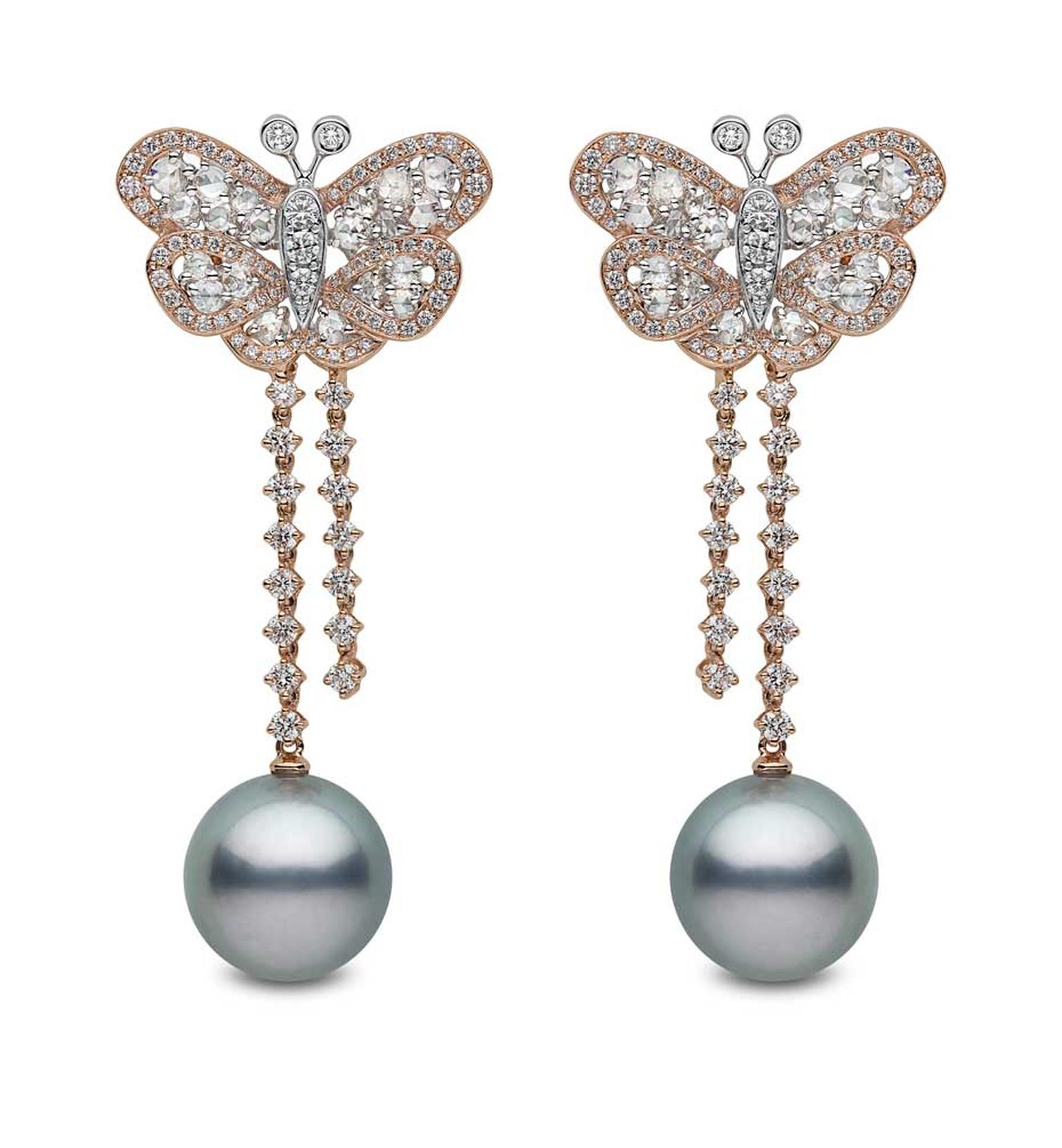 YOKO London rose gold earrings featuring diamonds and 14mm-15mm Tahitian pearls.