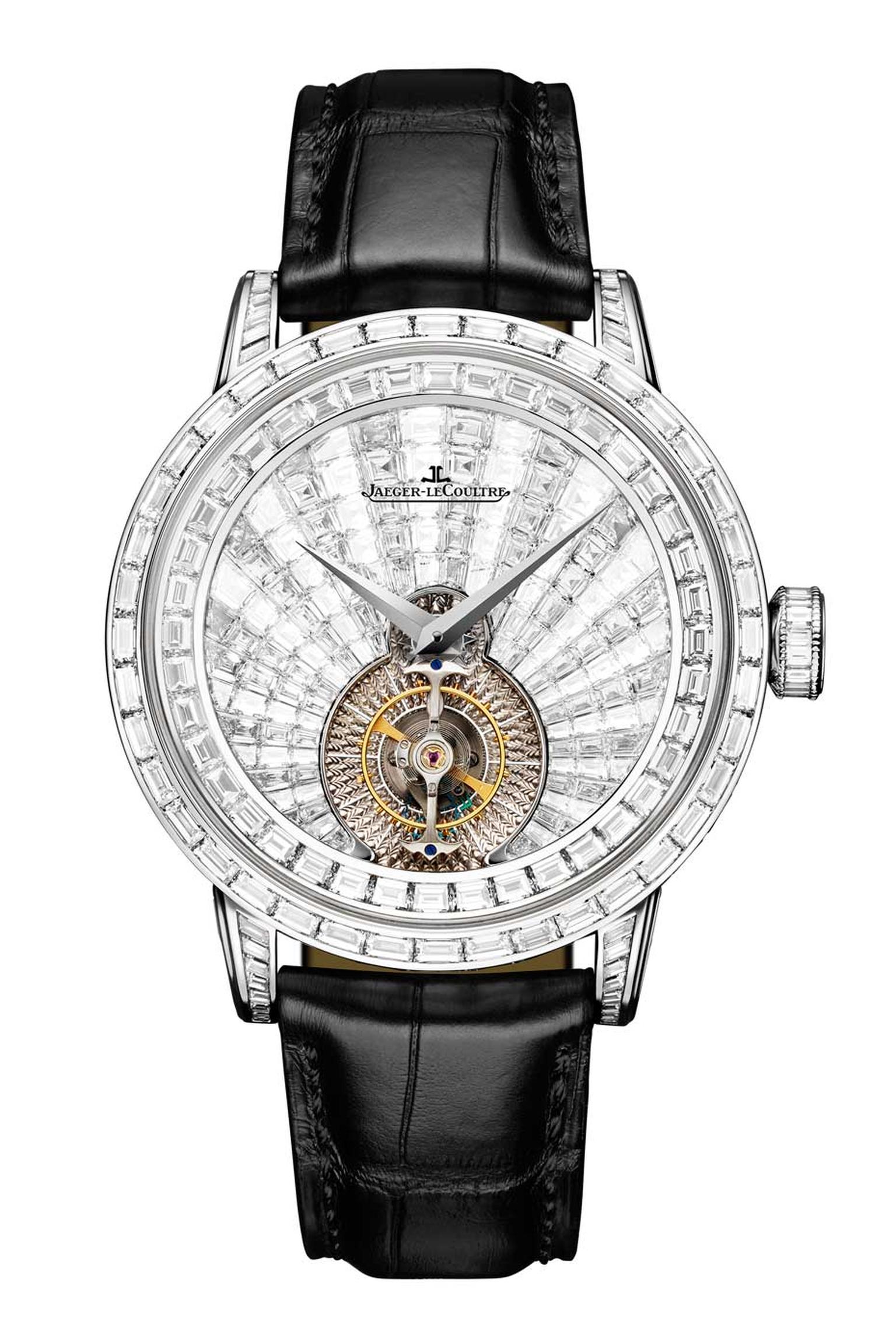 Jaeger-LeCoultre Master Grande Tradition Tourbillon Orbital diamond watch was inspired by the Sun's fiery brilliance and recreated with a profusion of baguette-cut diamonds using a new pyramid-style setting. The tourbillon reproduces a sidereal day, majes