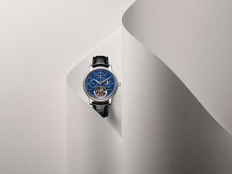 Jaeger-LeCoultre Master Grande Tradition Tourbillon Cylindrique Quantième Perpétuel watch has a lovely blue grained dial and the perpetual calendar can be adjusted by the single pusher. If you keep the watch wound, you will not have to undertake any corre