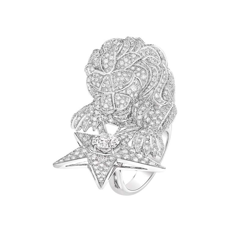 Chanel's Constellation du Lion ring from the new Les Intemporels high jewellery collection is available in two designs. This version features a regal lion covered in diamonds guarding a sparkling star.