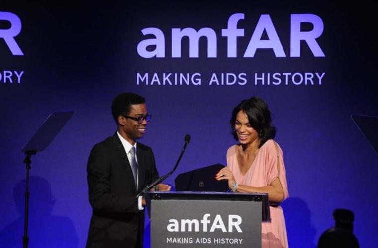 AmfAR honouree and actress Rosario Dawson, who was wearing a selection of sponsor Harry Winston's high jewellery diamond pieces, was presented with a Harry Winston Midnight Timepiece for her outstanding contribution to raising awareness for HIV/AIDS.