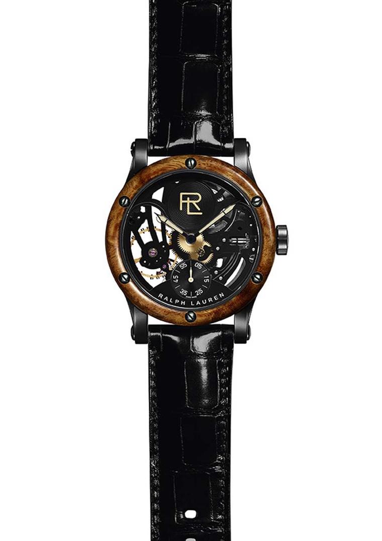 Ralph Lauren Automotive Skeleton watch lifts the hood to allow a view of its open-worked skeletonized mechanical engine. It is the first open-worked movement at RL and the bezel has been crafted from amboyna burl, a wood appreciated for its swirling grain