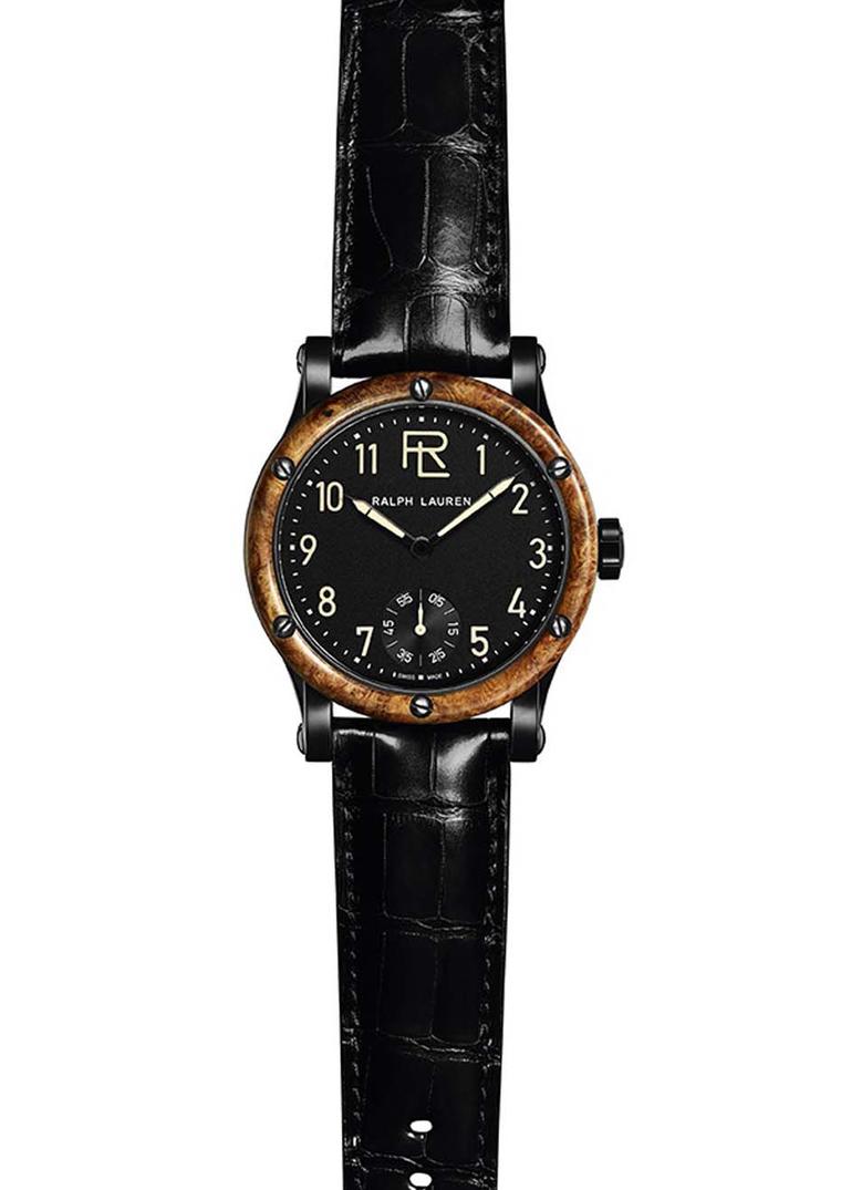 Ralph Lauren Automotive watch equipped with a hand-wound mechanical engine, made especially for Ralph Lauren by IWC. The 45mm case houses a galvanic, matte black dial with beige luminescence for the hour and minute hands. The bezel is made from rare amboy