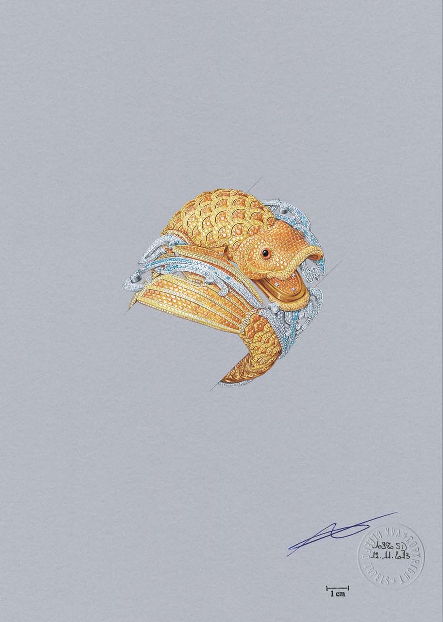 A gouache painting of the Carpe Koï bracelet watch from Van Cleef & Arpels 2015 high jewellery watch collection.