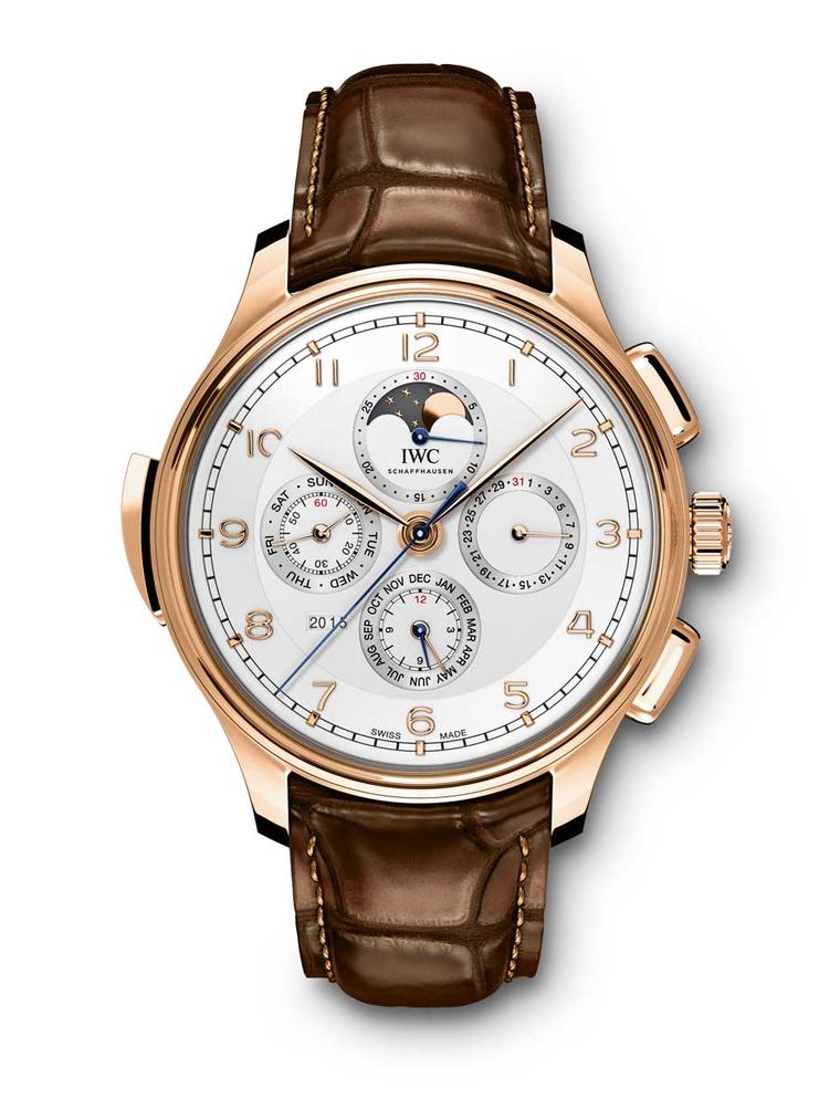 IWC Portugieser Grande Complication has a dazzling array of technical features and a total of 20 different displays and functions, including a perpetual calendar, a chronograph, a Moon-phase indicator and a minute repeater. The 45 mm rose gold model is li
