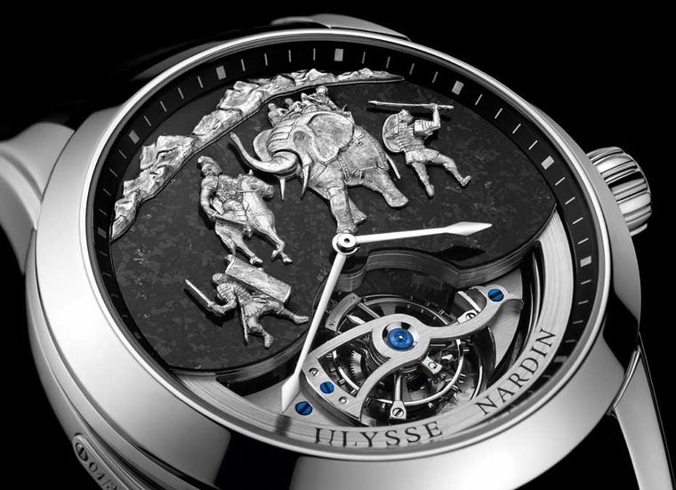 Ulysse Nardin Hannibal Minute Repeater is a limited edition of 30 watches in a 44mm platinum case. In addition to the Westminster chimes, the figures on the dial are synchronised with the sound of the gongs.