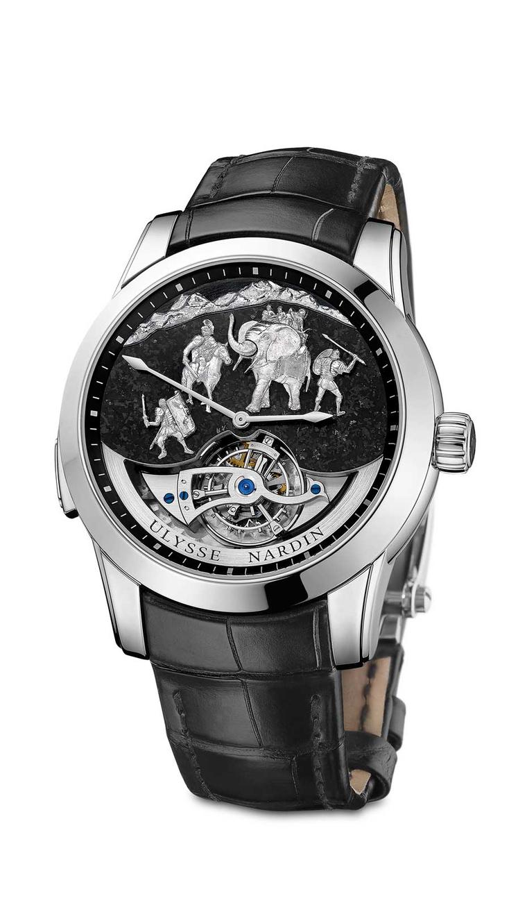 Ulysse Nardin Hannibal Minute Repeater depicts Carthaginian General Hannibal Barca with an elephant during his epic Alpine crossing. The figures are in white gold and the background of the dial is made from Alpine granite.