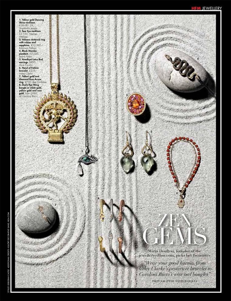 A photo shoot of zen gems for Hello! Fashion magazine, with jewels chosen by The Jewellery Editor.