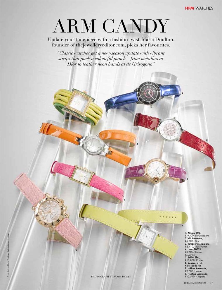 Maria at The Jewellery Editor picked her favourite colourful watches for a photo shoot for Hello! Fashion magazine.