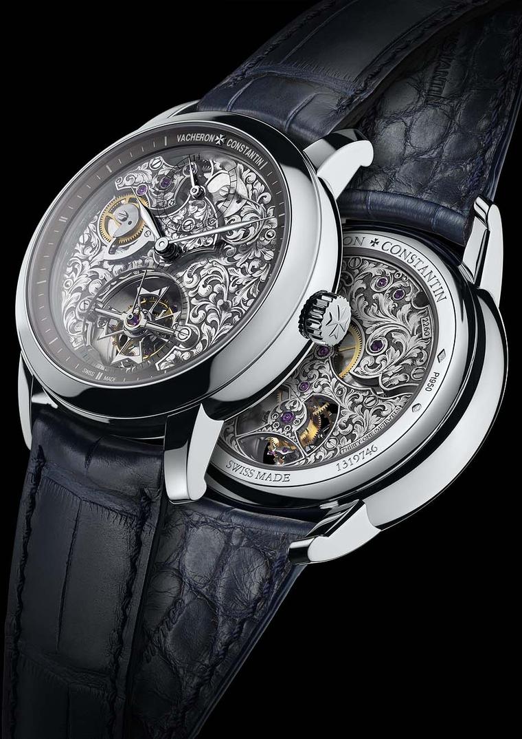 Vacheron Constantin Métiers d'Art Mécaniques Gravées calibre 2260 is the motor behind this 14-day tourbillon. On the dial side, the tourbillon carriage is shaped like a Maltese cross. The movement is housed in a 41mm platinum case.