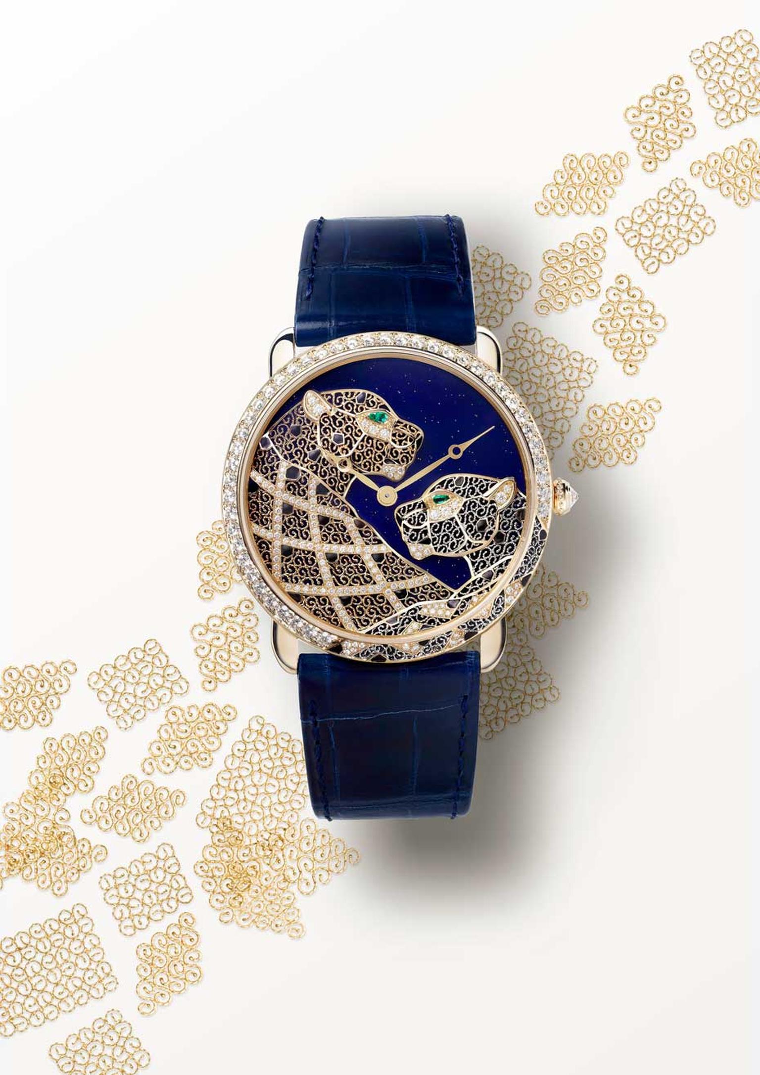 Ronde Louis Cartier XL watch in a 42mm yellow gold case was chosen to showcase the two majestic filigree panthers created from beaten gold and platinum micro-wires. (Nils Hermann@Cartier)