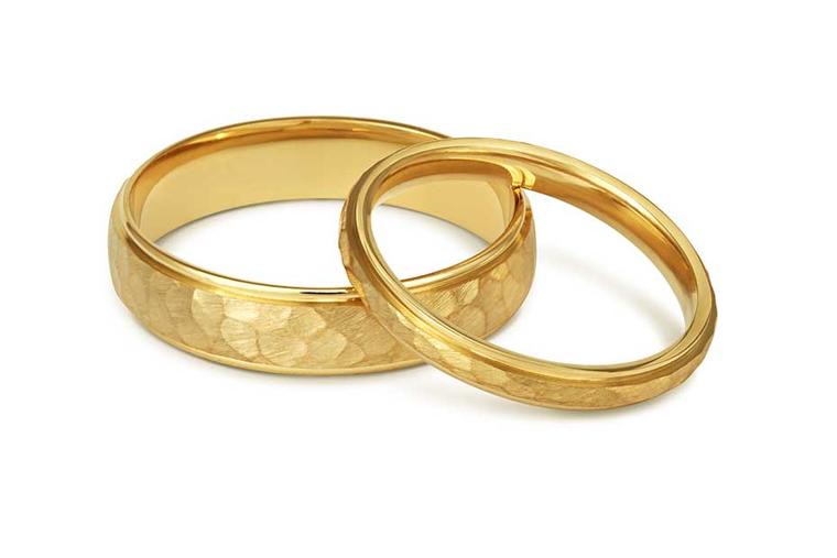 Court Hammered Wedding Rings for him and her in Fairtrade yellow gold from Cred jewellery.