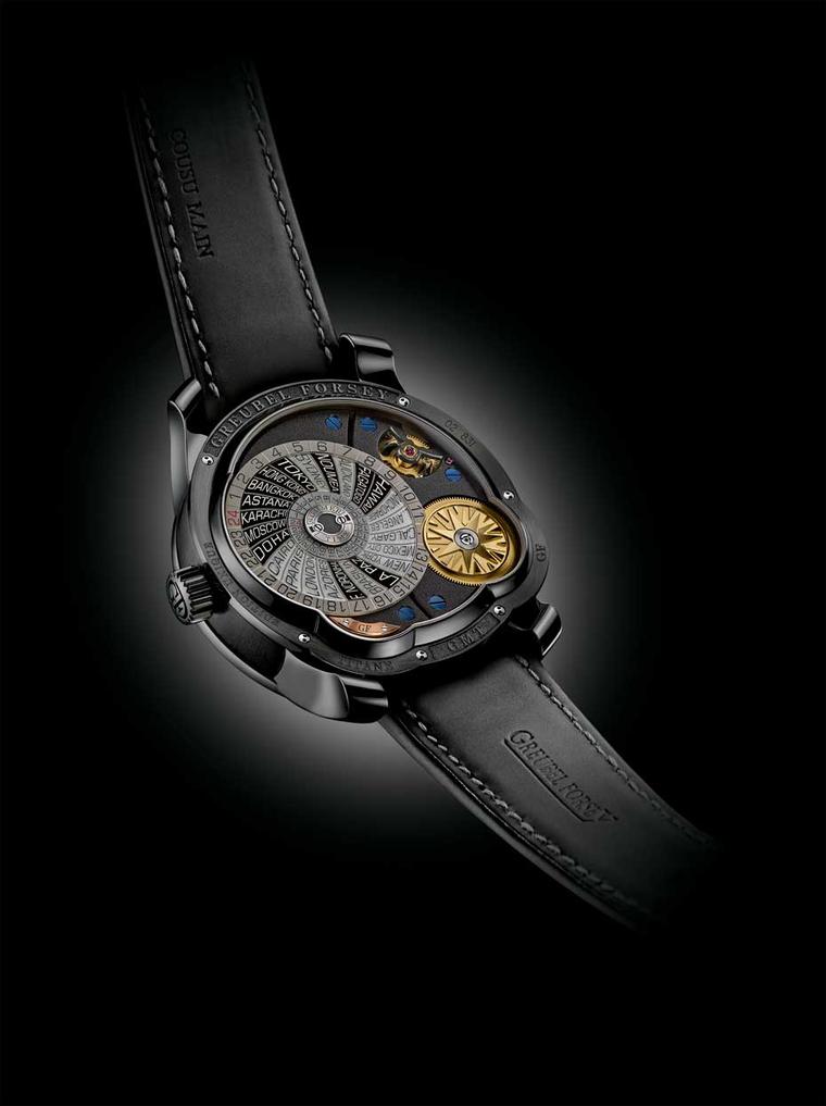 Greubel Forsey GMT watch features the name of 24 cities on a world time disc on the caseback, which protects the incredibly complex movement. This GMT model is limited to 22 watches.
