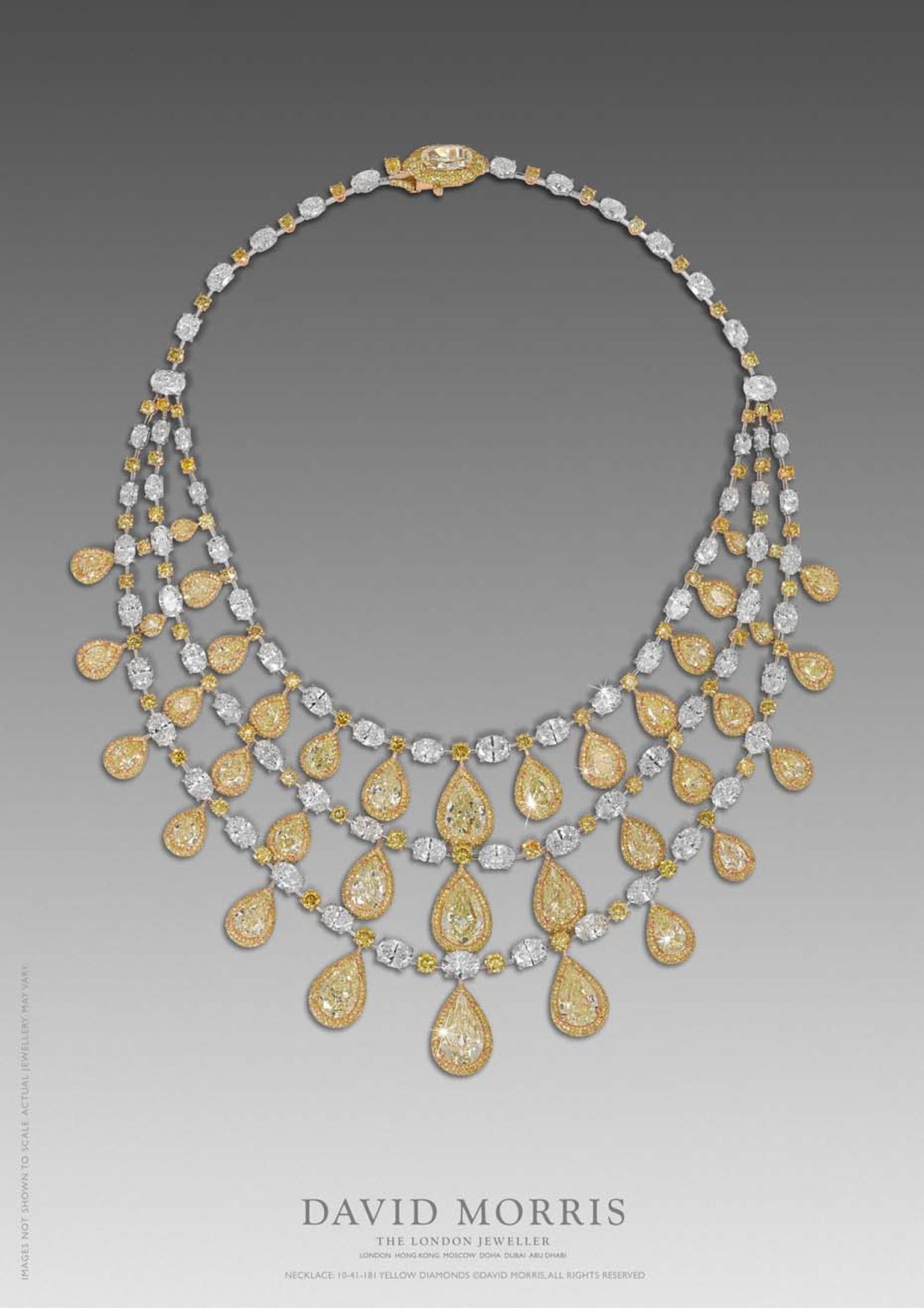 This mesmerising necklace set with 47.99ct of yellow, pear-shaped and white oval-cut diamonds is just one of the high jewellery pieces David Morris will be showing at DJWE.