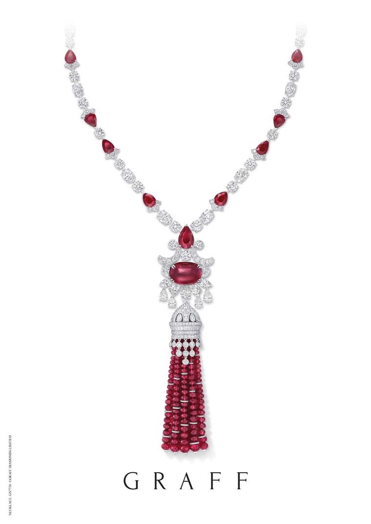 One of the most talked-about high jewellery pieces at the DJWE is bound to be this Graff ruby and diamond high jewellery tassel necklace, featuring an extraordinary 278.55ct of rubies.