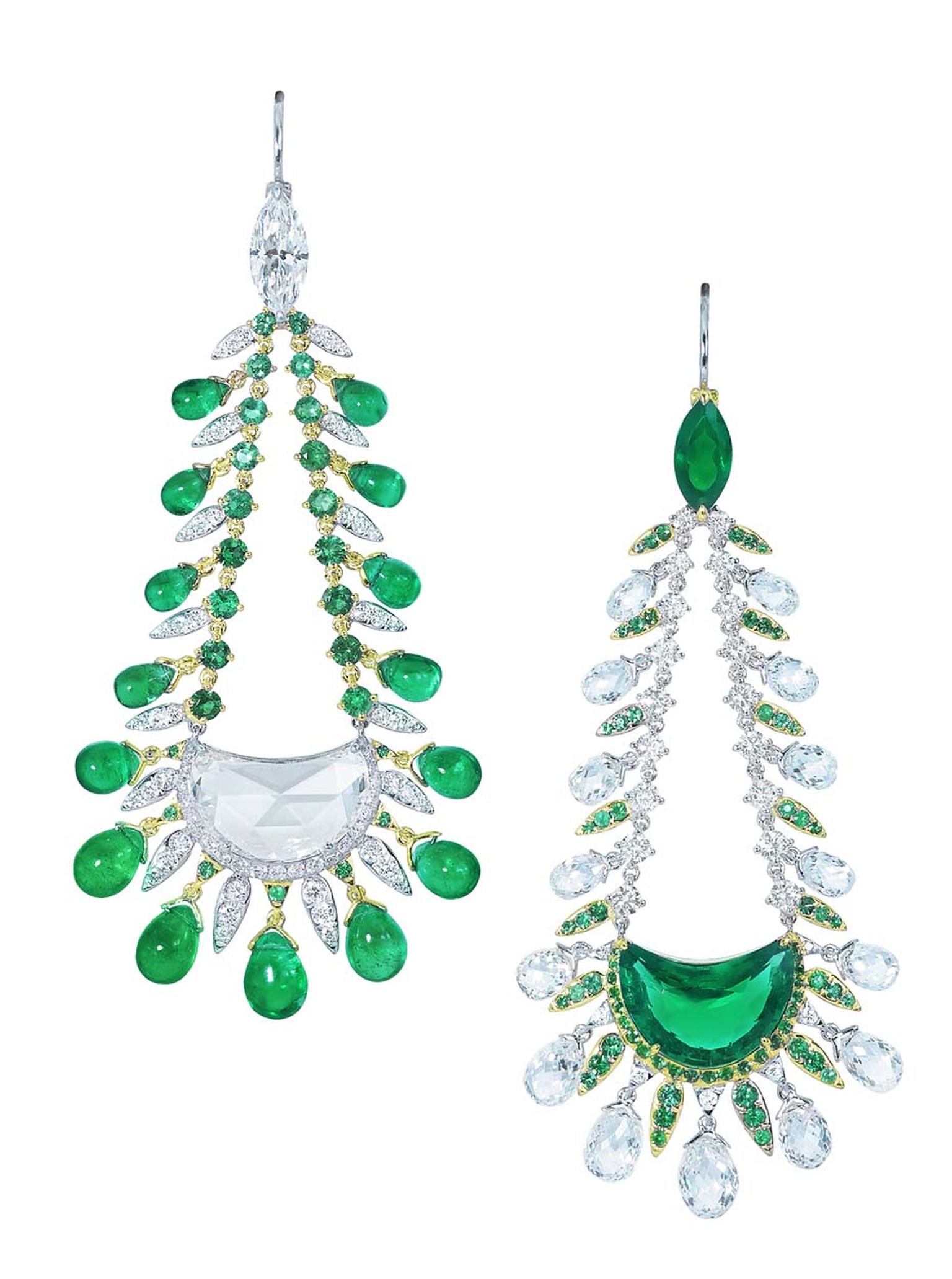 Also on show at DJWE will be this pair of Moussaieff high jewellery earrings set with a half moon Colombian emerald and a half moon diamond.