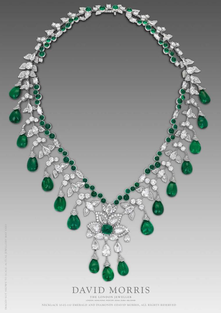 This Zambian emerald cabouchon necklace by David Morris, with round marquise diamonds and a pear shape motif set in 18ct white gold is truly breathtaking.