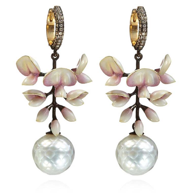 Ilgiz F for Annoushka Wisteria faceted pearl and enamel earrings depict a wisteria flower with yellow gold petals decorated with intricate pale pink enamelling. £23,400.