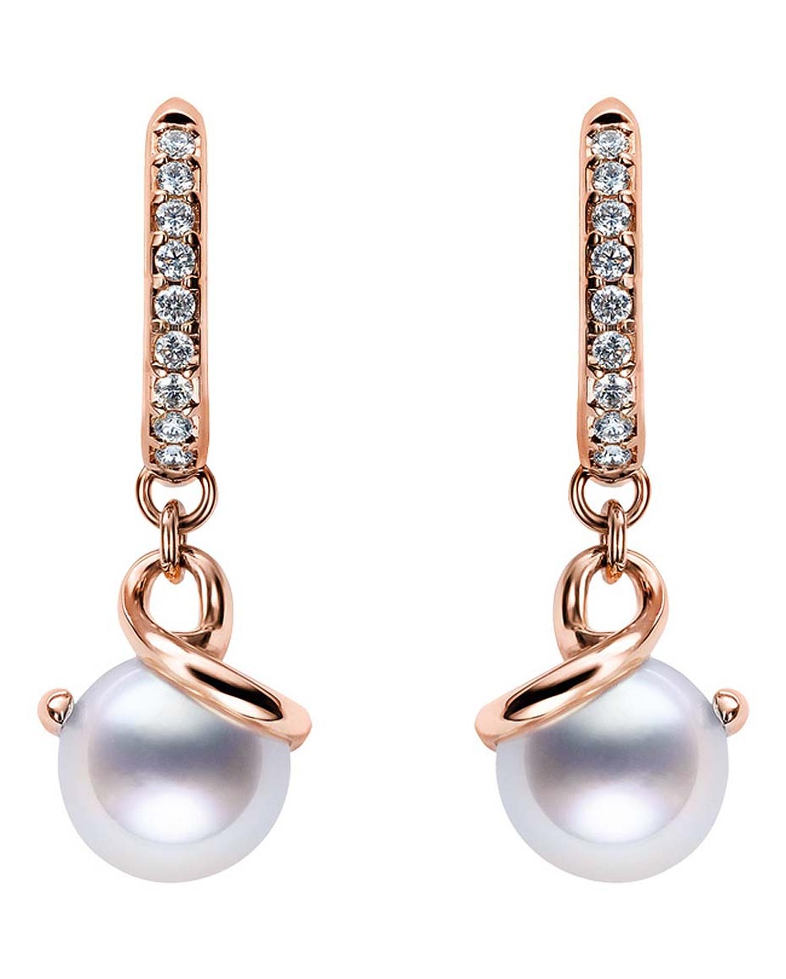 Mikimoto South Sea Pearl earrings in rose gold from the Twist collection featuring a white South Sea cultured pearl and a twist of diamonds. £1,800.