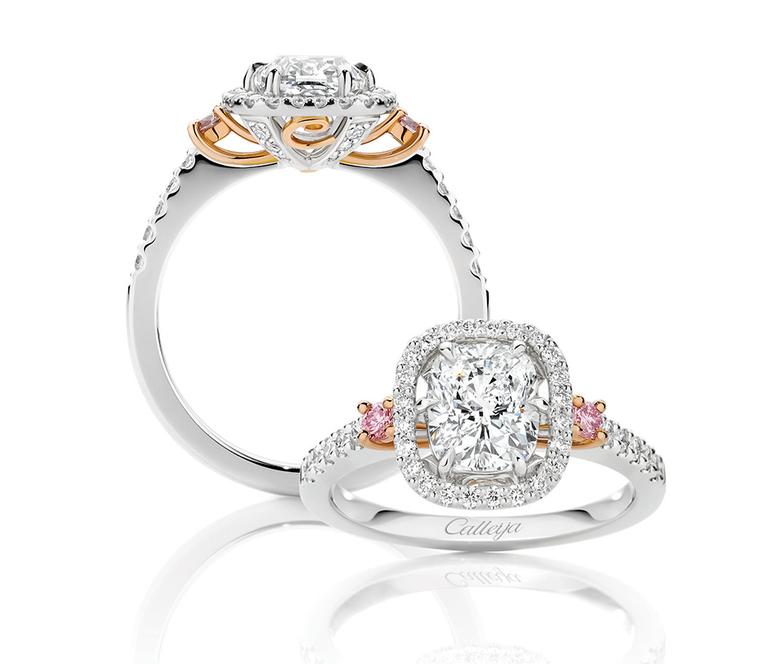 John Calleija patented signature-cut 1.50ct Glacier diamond engagement ring, flanked by pink diamonds.