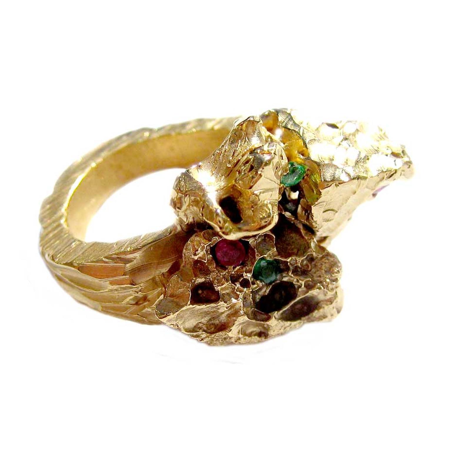 Imogen Belfield ring hand carved in yellow gold with coloured gemstones.