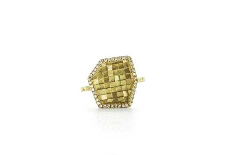 Jo Hayes Ward Stratus ring in yellow gold with white diamond edges.