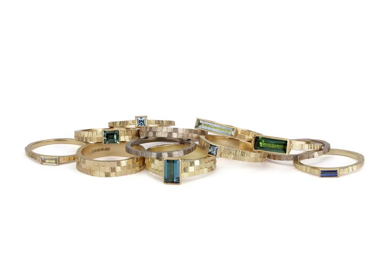 Jo Hayes Ward Square Band rings in yellow or warm white gold set with coloured gemstones including sapphire, tourmaline and aquamarine.