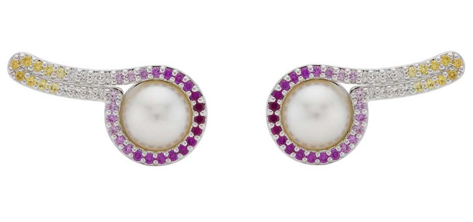 Melanie Georgacopoulos Glow Wrap ear cuffs in white gold, set with colour graduating sapphires and white freshwater pearls.