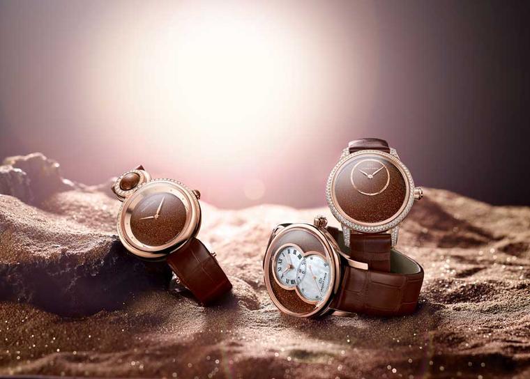 Jaquet Droz Sunstone dial watches for 2015. The beautiful gold-speckled Sunstone gets its romantic name from its spangled and glittery inclusions although its proper name is aventurine feldspar.