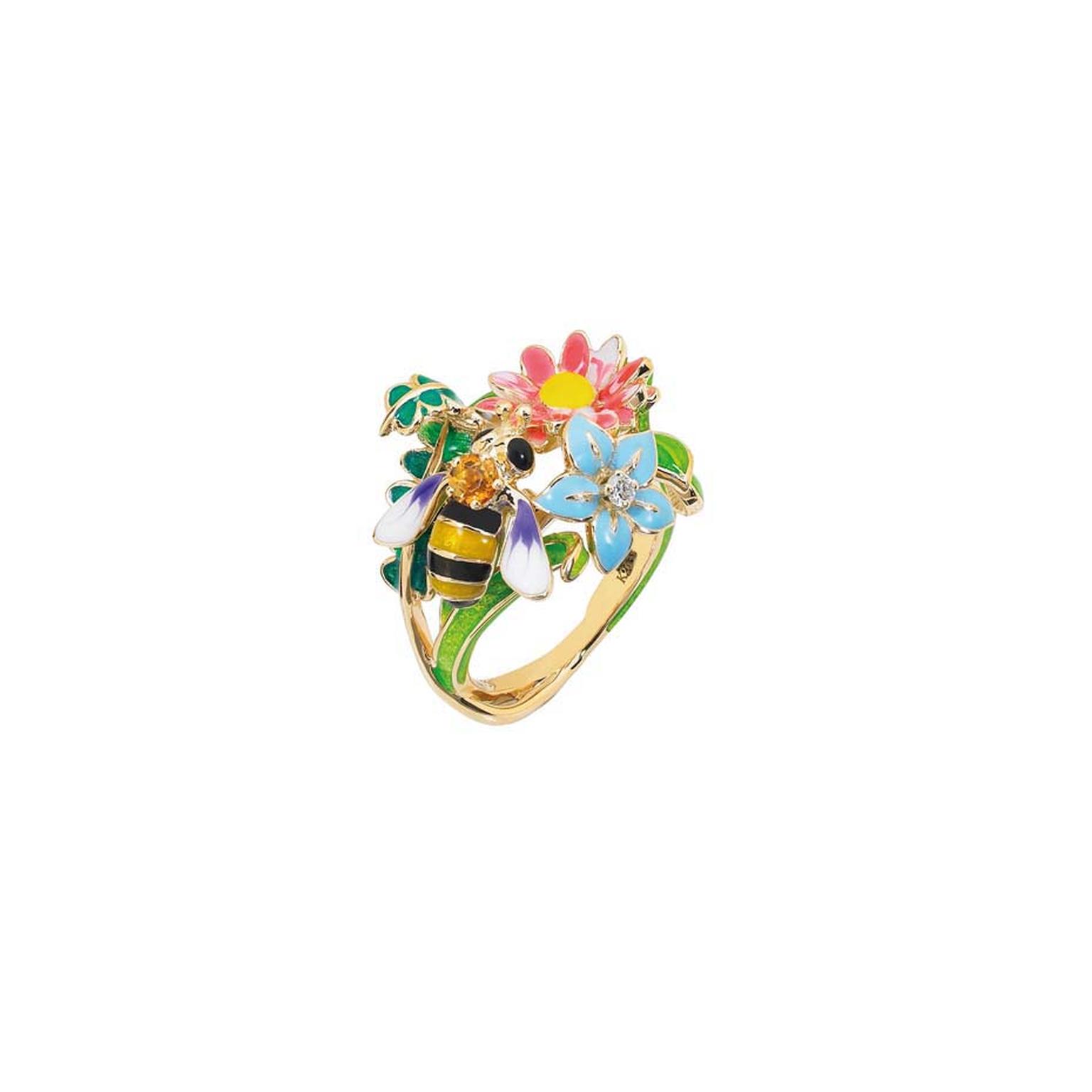 Dior Joaillerie's bee-inspired Diorette ring in yellow gold with diamond and lacquer.