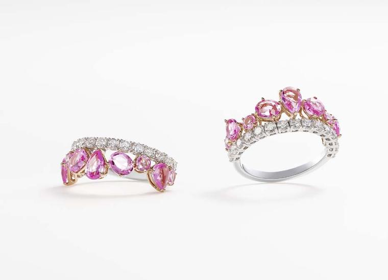 These pink sapphire rings with diamonds by William & Son can be worn either on their own or as a pair, stacked side by side on the finger.