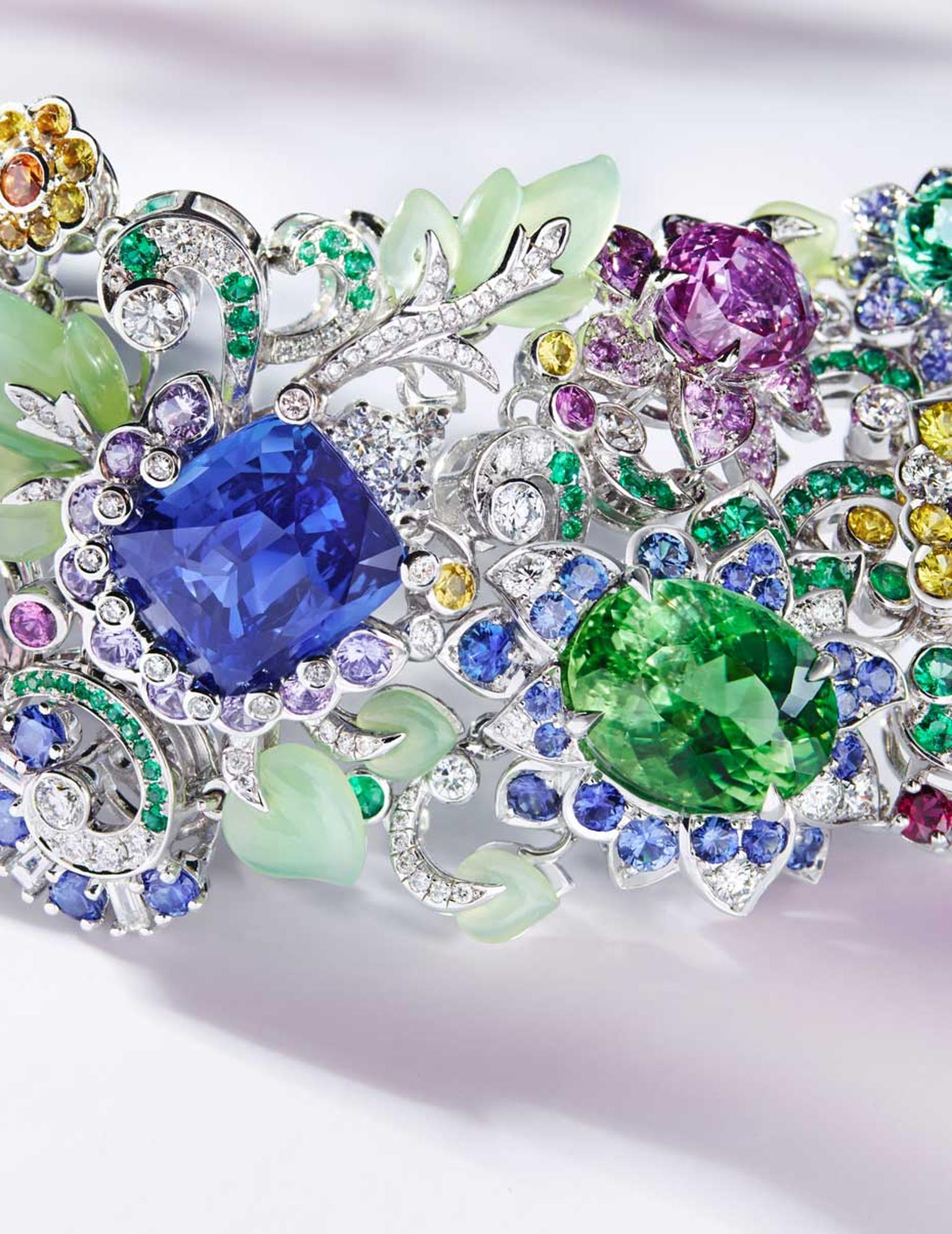 A close-up of the luminous coloured gemstones featured in this Fabergé bracelet from the Secret Garden high jewellery collection.