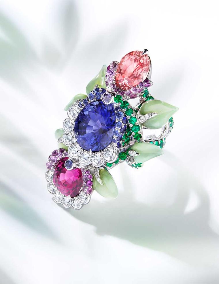 Bright gemstones and floral motifs have been creatively combined to form this fabulous Fabergé ring from the new Secret Garden high jewellery collection.